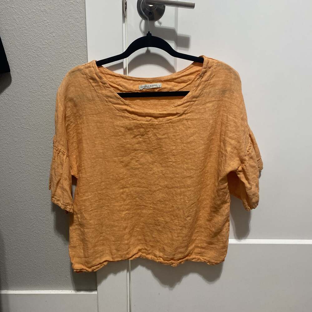 Viola Borghi Women's 100% Linen Top Short Sleeve Ruffle Peach Made in Italy